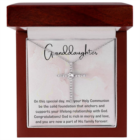 Granddaughter First Communion Gift | Christening, Baptism, Confirmation, Cubic Zrconia Cross Necklace in Gift Box from Grandmother