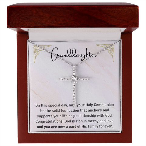 Granddaughter First Communion Gift | Christening, Baptism, Confirmation, Cubic Zrconia Cross Necklace in Gift Box from Grandmother