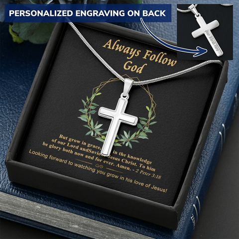 Always Follow God Engraving Cross Necklace