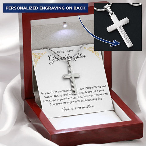 Granddaughter First Communion Gift | Christening, Baptism, Confirmation, Stainless Steel Cross Necklace in Gift Box from Grandmother