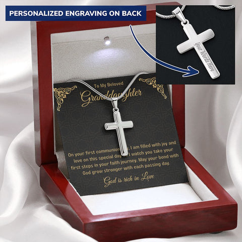 Granddaughter First Communion Gift | Christening, Baptism, Confirmation, Stainless Steel Cross Necklace in Gift Box from Grandmother