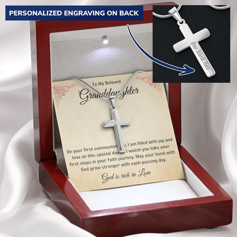 Granddaughter First Communion Gift | Christening, Baptism, Confirmation, Stainless Steel Cross Necklace in Gift Box from Grandmother