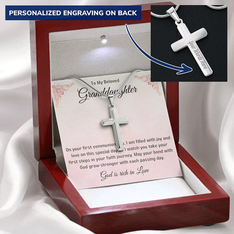 Granddaughter First Communion Gift | Christening, Baptism, Confirmation, Stainless Steel Cross Necklace in Gift Box from Grandmother