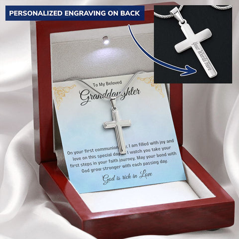 Granddaughter First Communion Gift | Christening, Baptism, Confirmation, Stainless Steel Cross Necklace in Gift Box from Grandmother