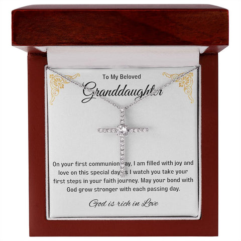 Granddaughter First Communion Gift | Christening, Baptism, Confirmation, Cubic Zrconia Cross Necklace in Gift Box from Grandmother
