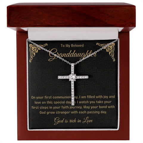 Granddaughter First Communion Gift | Christening, Baptism, Confirmation, Cubic Zrconia Cross Necklace in Gift Box from Grandmother