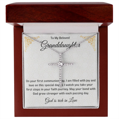 Granddaughter First Communion Gift | Christening, Baptism, Confirmation, Cubic Zrconia Cross Necklace in Gift Box from Grandmother