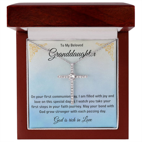 Granddaughter First Communion Gift | Christening, Baptism, Confirmation, Cubic Zrconia Cross Necklace in Gift Box from Grandmother