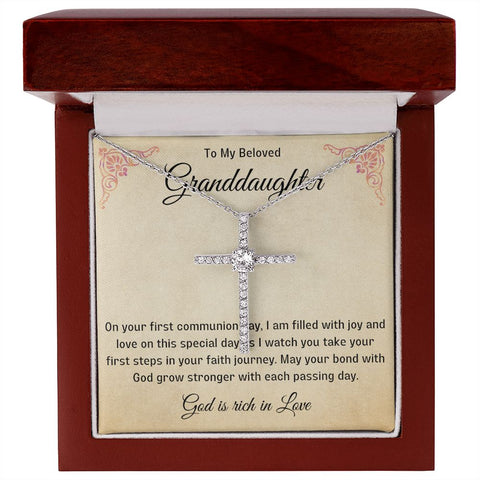 Granddaughter First Communion Gift | Christening, Baptism, Confirmation, Cubic Zrconia Cross Necklace in Gift Box from Grandmother