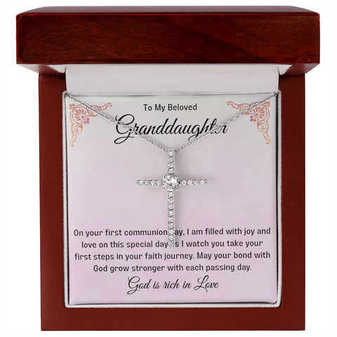 Granddaughter First Communion Gift | Christening, Baptism, Confirmation, Cubic Zrconia Cross Necklace in Gift Box from Grandmother