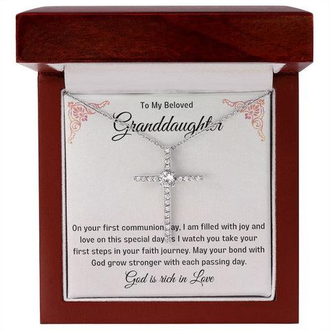 Granddaughter First Communion Gift | Christening, Baptism, Confirmation, Cubic Zrconia Cross Necklace in Gift Box from Grandmother