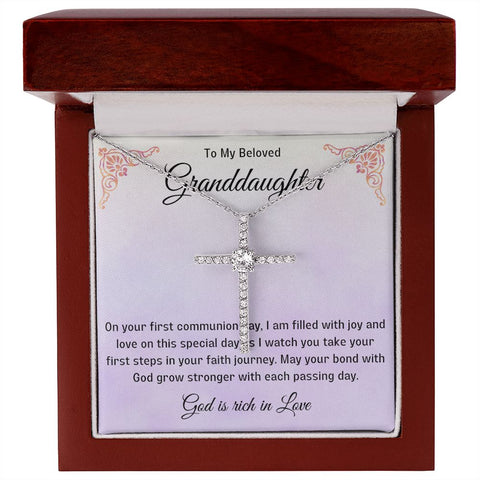 Granddaughter First Communion Gift | Christening, Baptism, Confirmation, Cubic Zrconia Cross Necklace in Gift Box from Grandmother